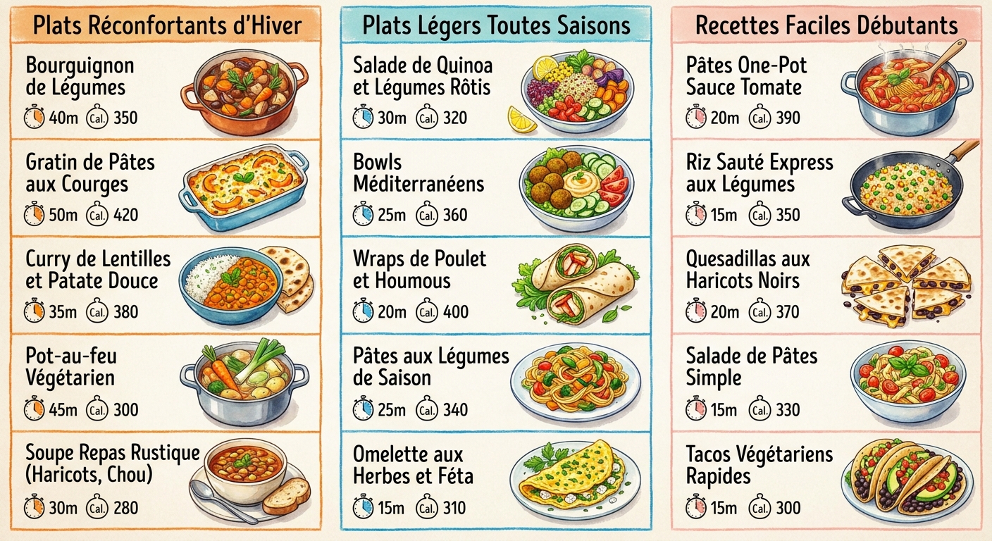 Infographie récapitulative de 15 recettes de batch cooking classées par catégorie