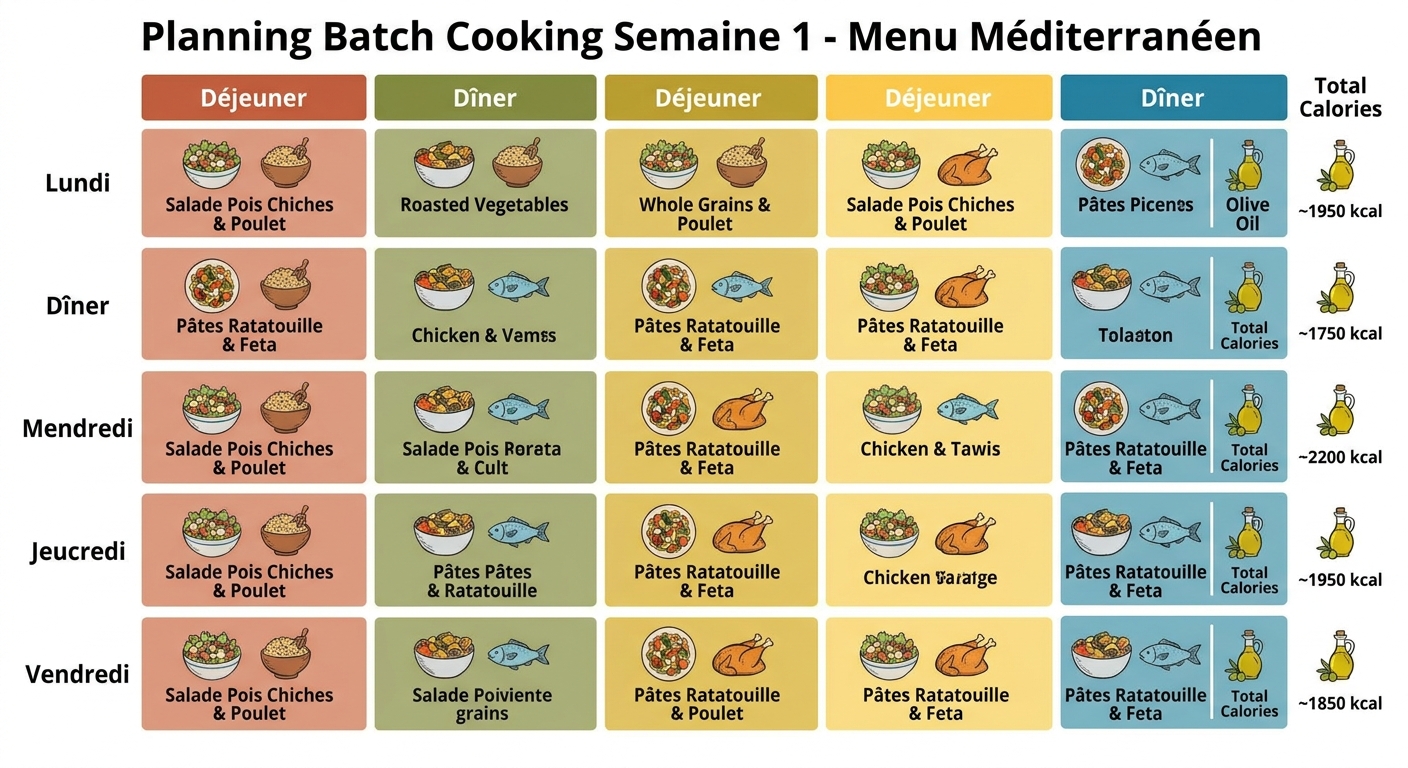 Menu batch cooking complet pour une semaine du lundi au vendredi