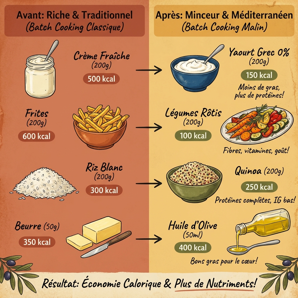 Infographie des substitutions alimentaires légères pour le batch cooking minceur