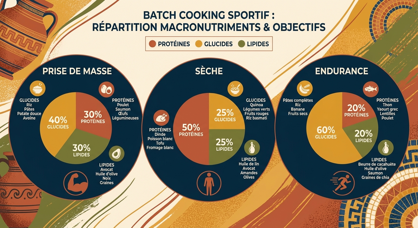 Infographie de la répartition des macronutriments pour sportifs en batch cooking