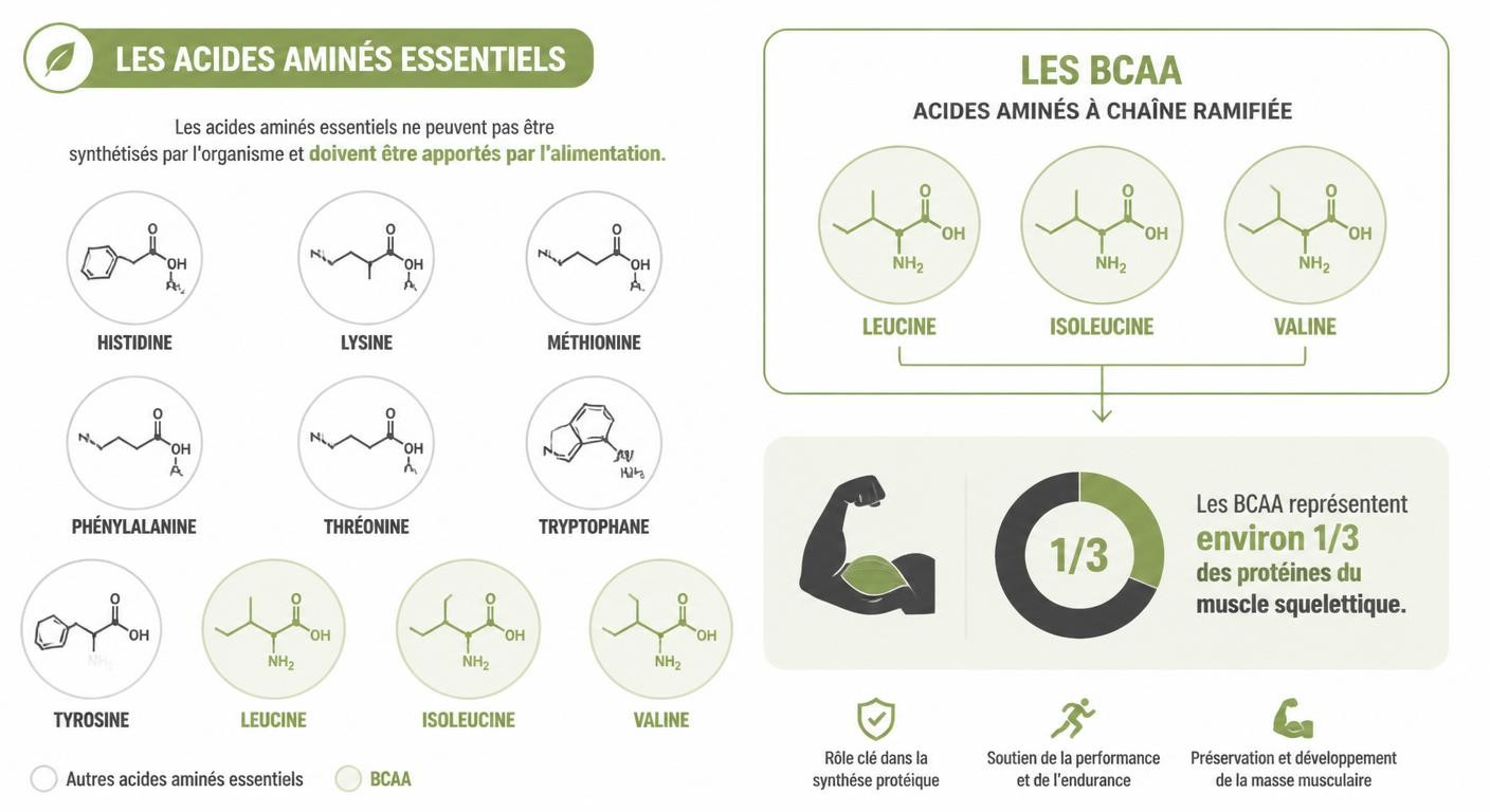 Schéma des BCAA leucine isoleucine valine parmi les acides aminés essentiels