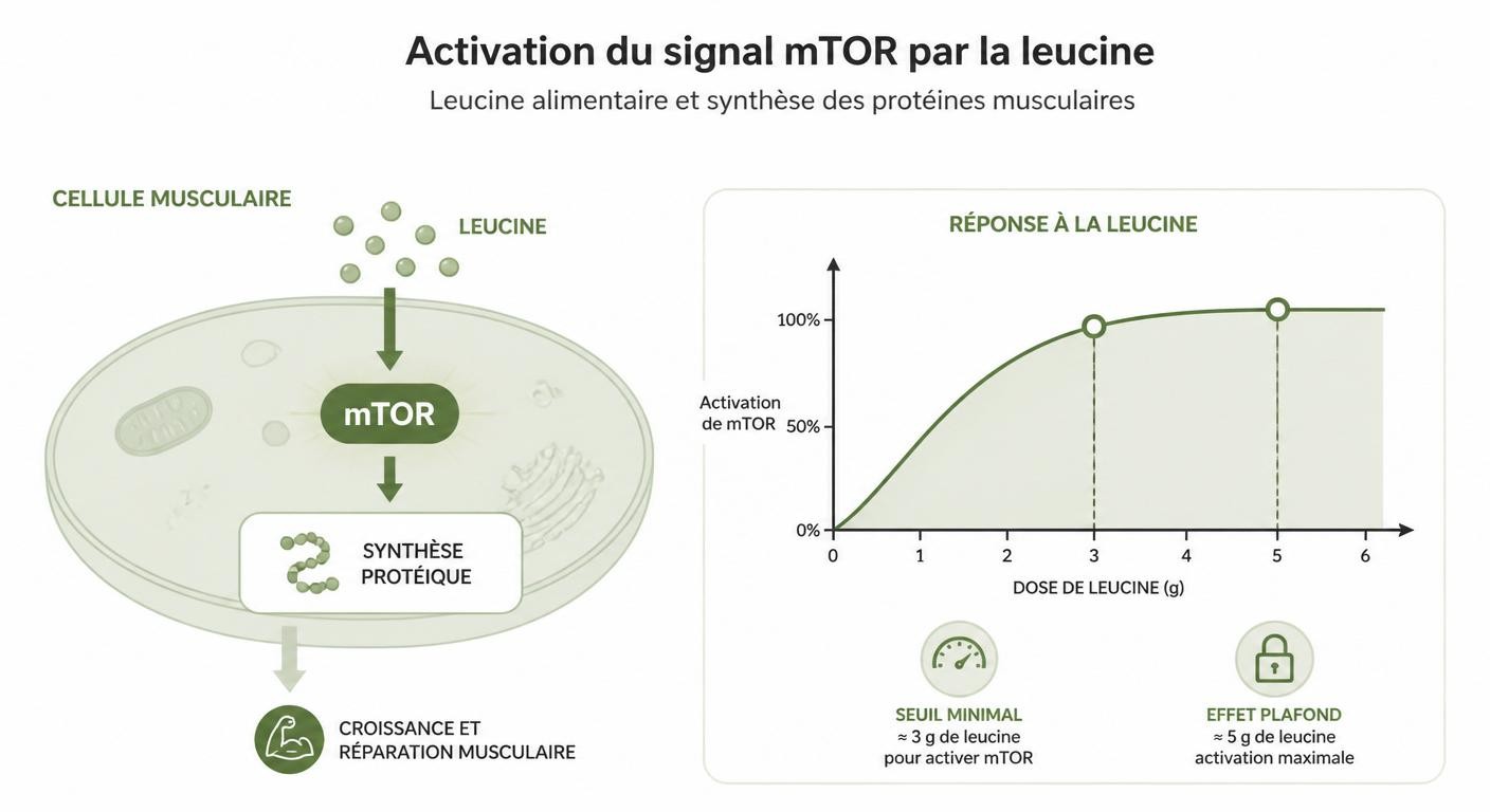 Schéma du mécanisme d'activation de mTOR par la leucine pour la synthèse musculaire