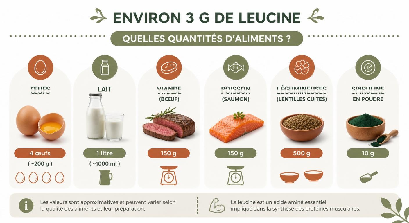 Infographie des équivalences alimentaires pour atteindre 3 g de leucine