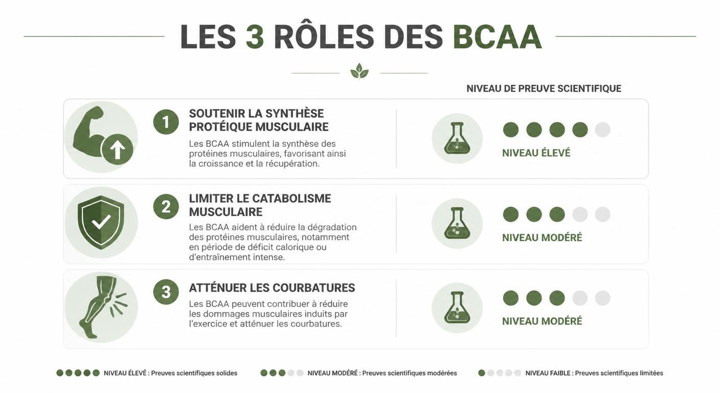 Infographie des trois rôles des BCAA et de leur niveau de preuve