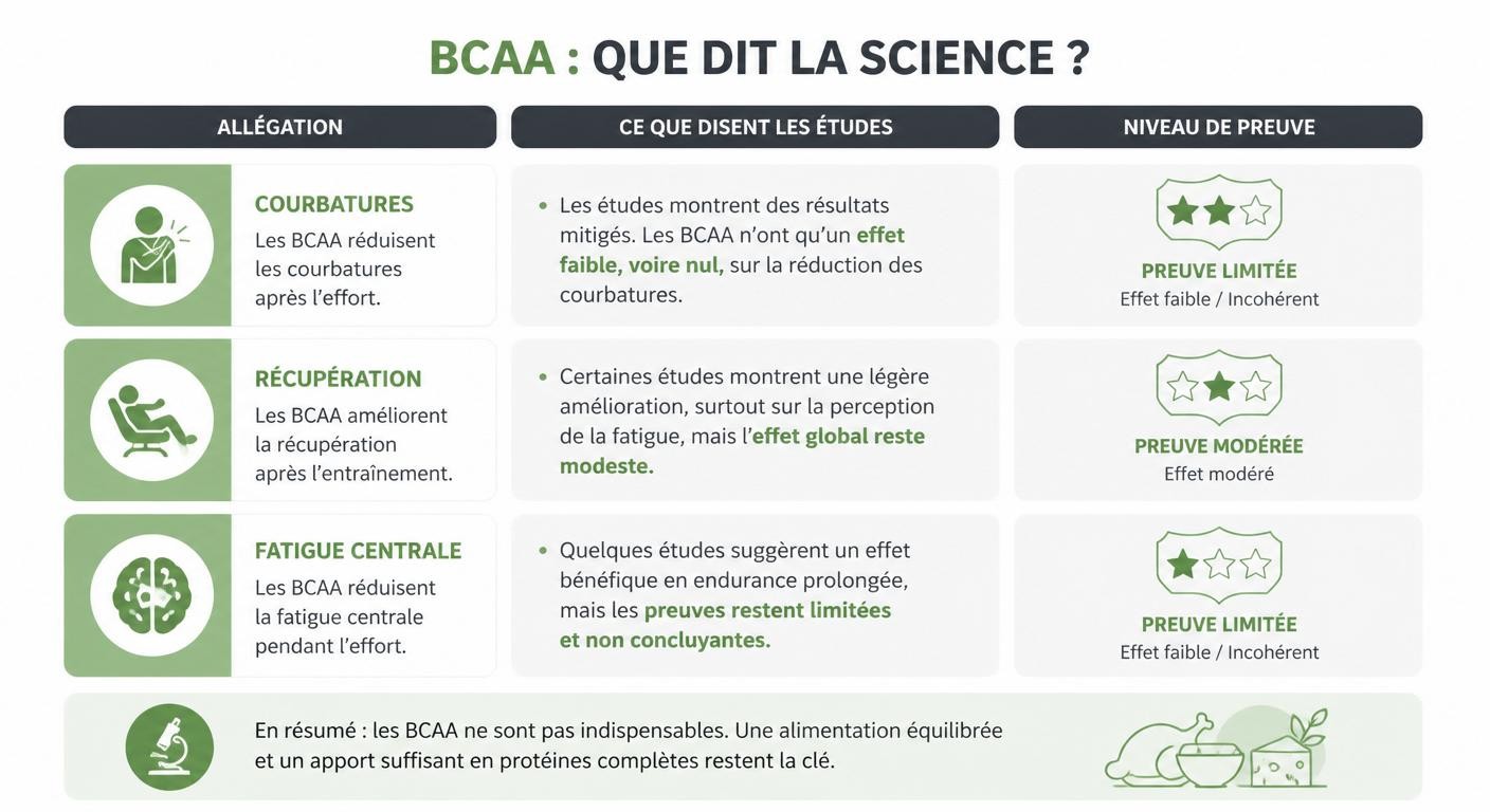 Tableau visuel des allégations sur les BCAA et de leur niveau de preuve