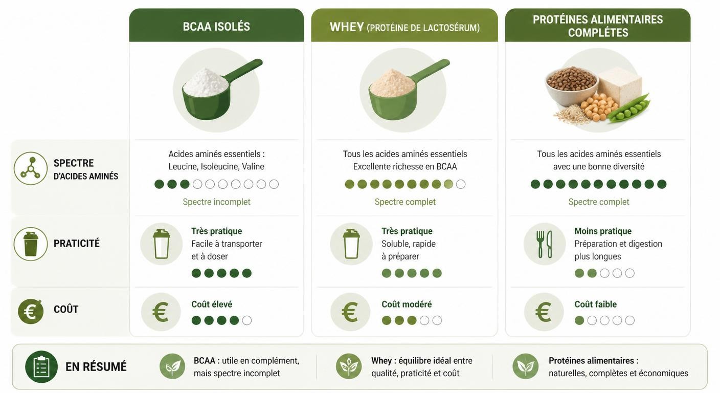 Comparatif visuel entre BCAA, whey et protéines alimentaires complètes