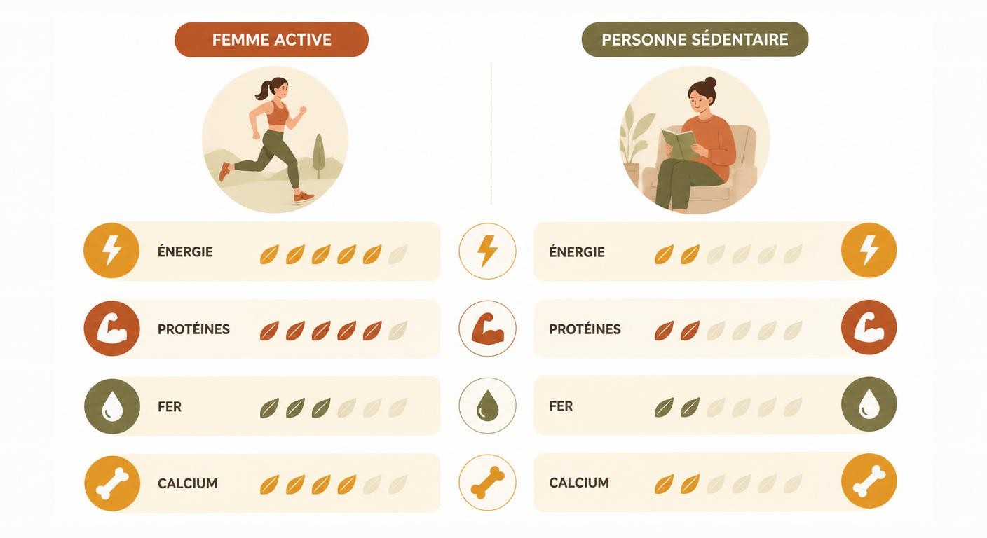 Infographie comparant les besoins nutritionnels de la femme sportive et d'une personne sédentaire