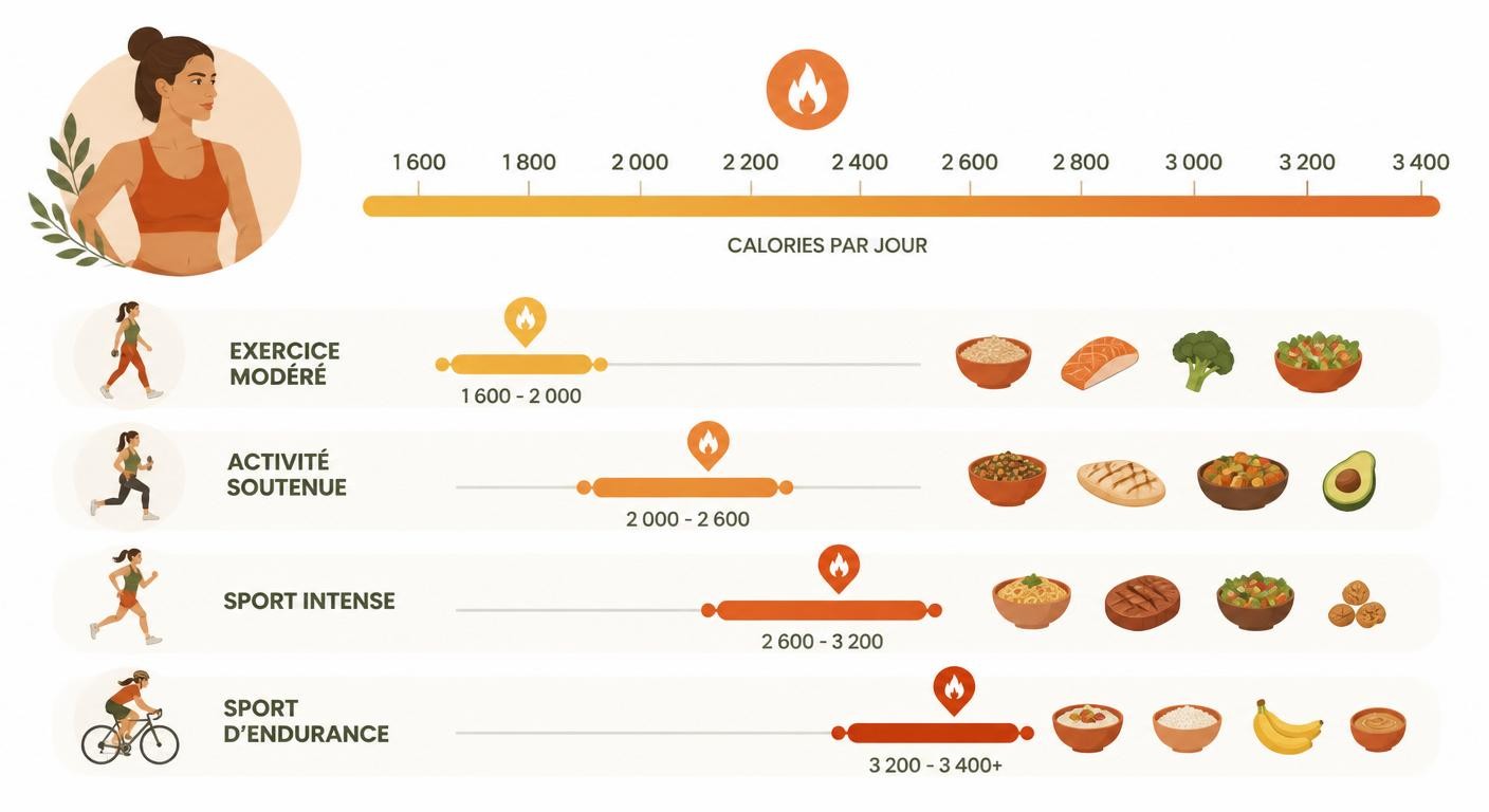 Infographie des besoins caloriques quotidiens selon le niveau d'activité de la femme sportive