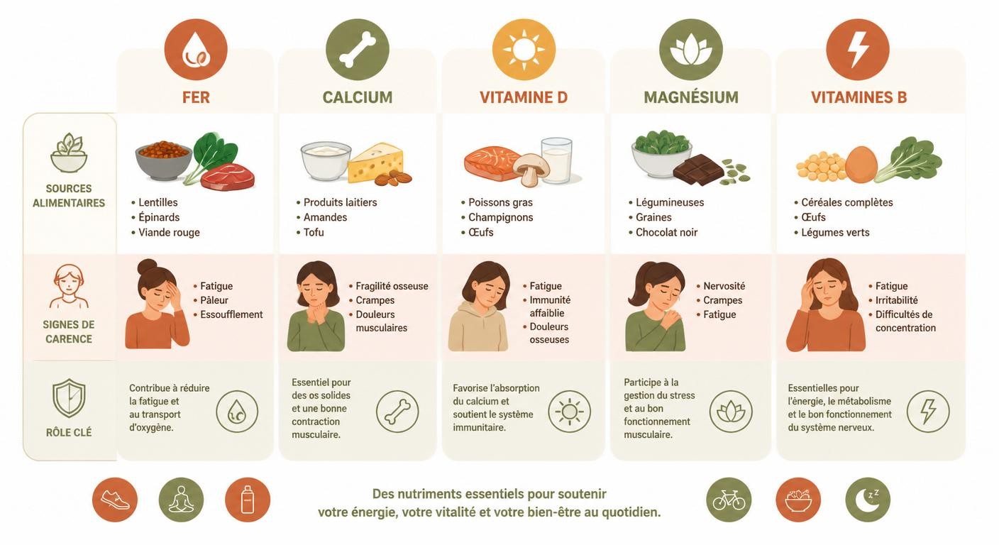 Infographie des micronutriments essentiels de la femme sportive et de leurs sources