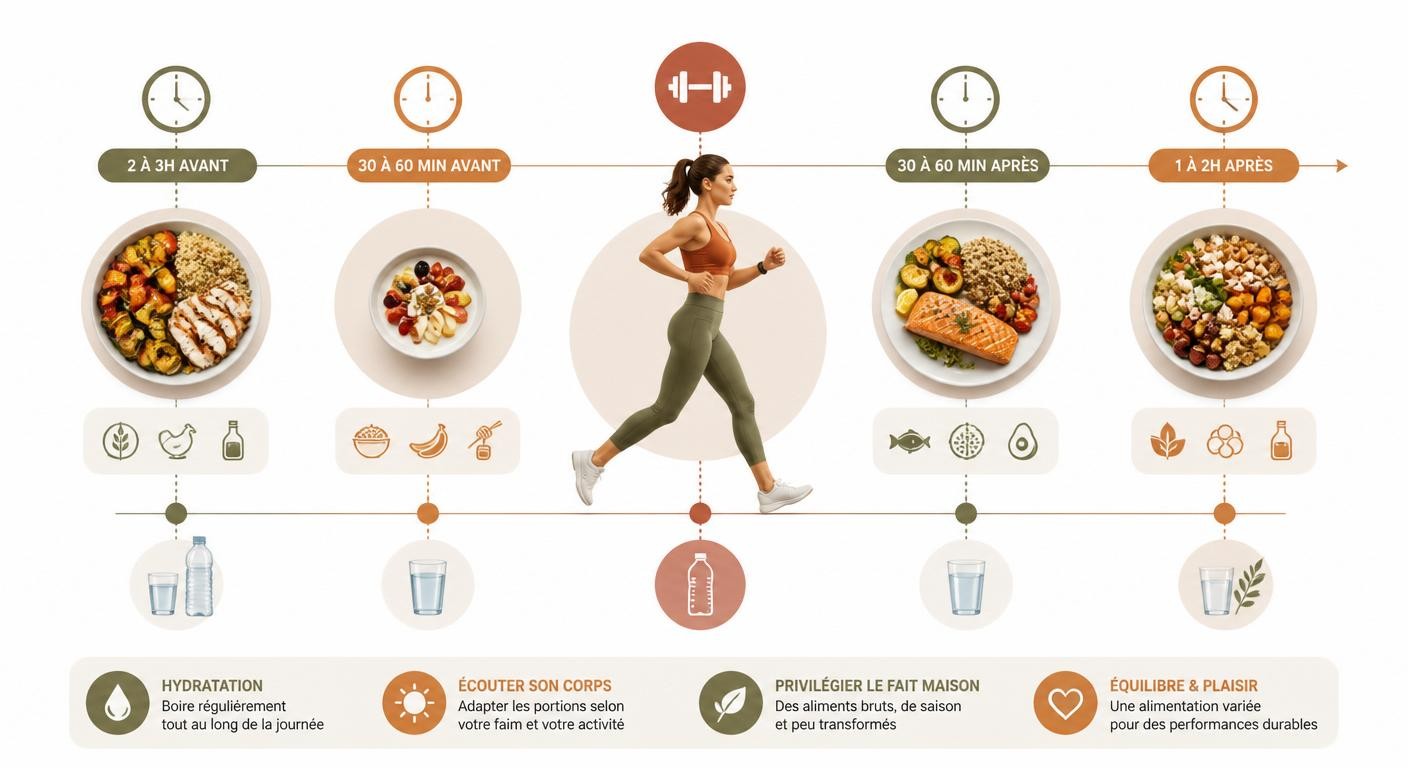 Infographie du timing des repas avant et après le sport pour la femme sportive