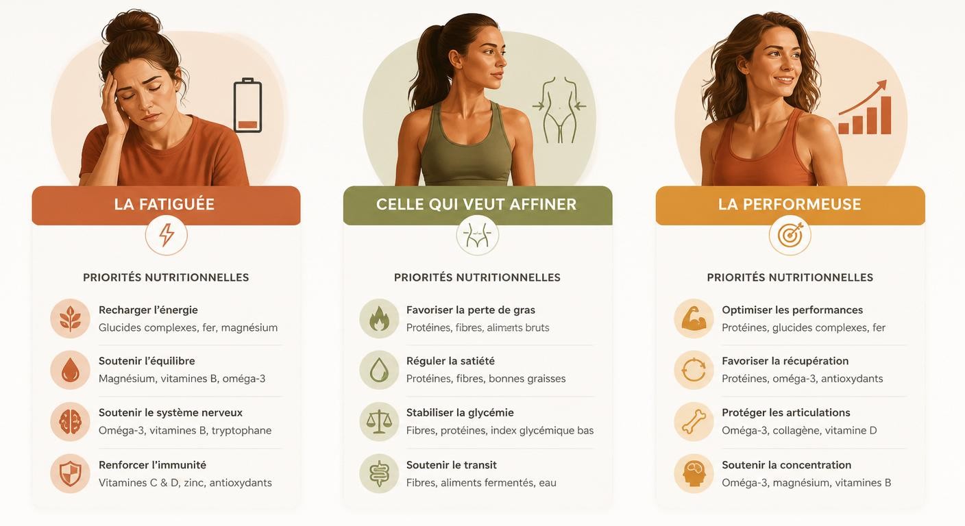 Infographie comparant les besoins nutritionnels selon le profil de sportive