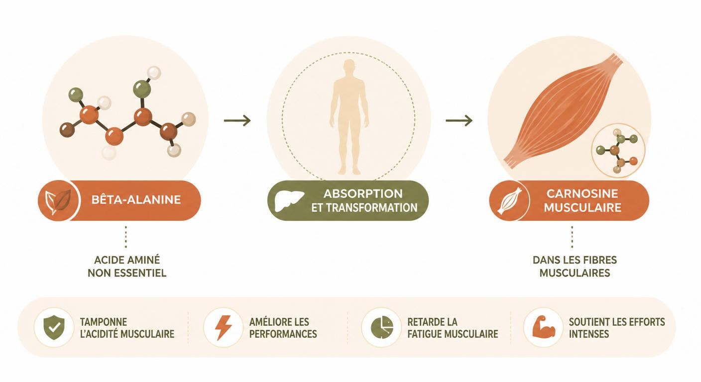 Infographie expliquant la bêta-alanine, précurseur de la carnosine musculaire
