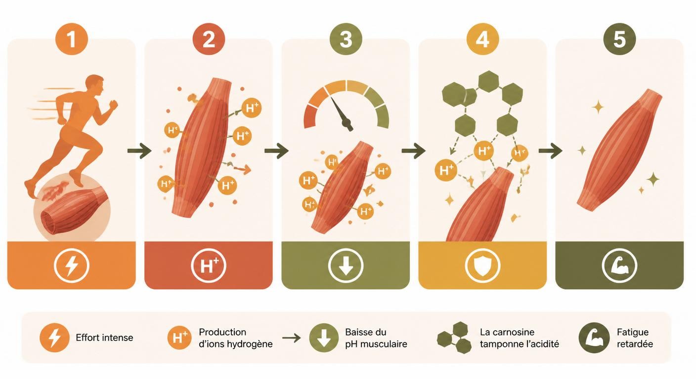 Infographie du mécanisme d'action de la carnosine sur l'acidité musculaire