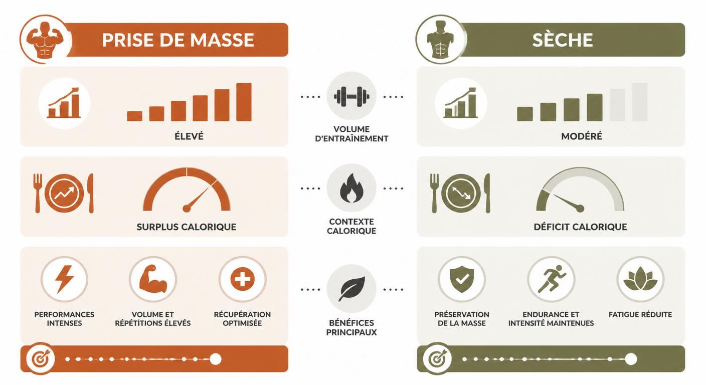 Infographie comparant l'usage de la bêta-alanine en prise de masse et en sèche