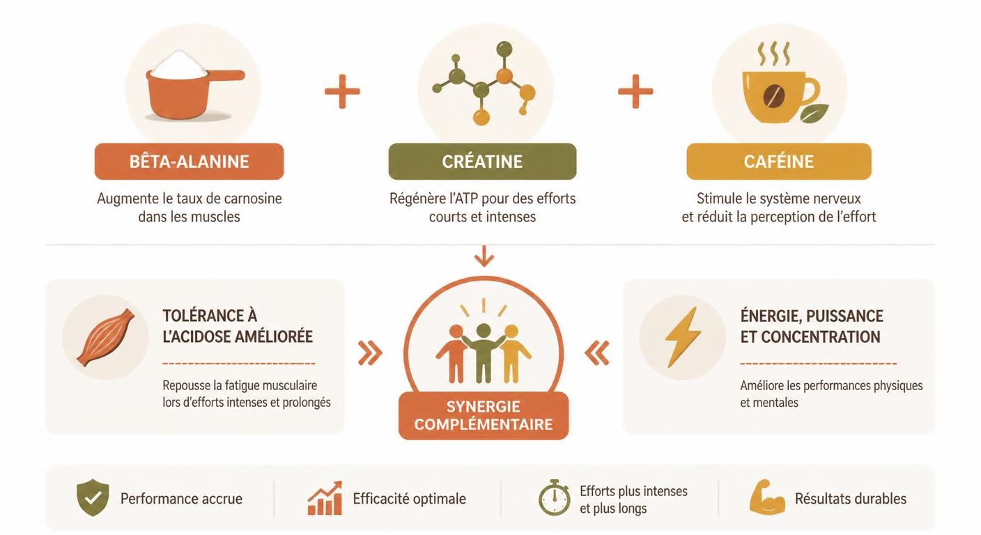 Infographie des associations bêta-alanine, créatine et caféine