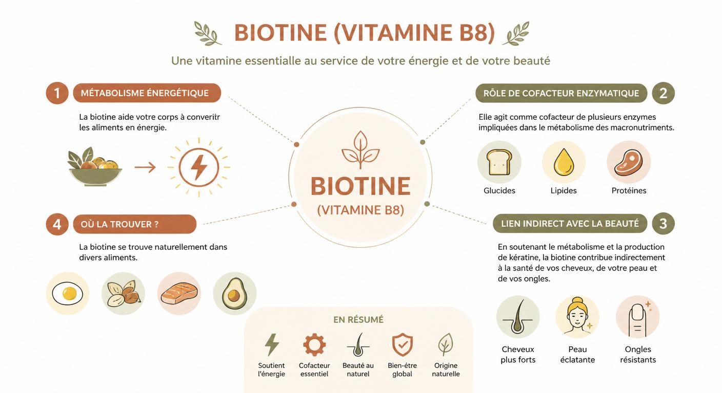Infographie montrant le rôle de la biotine dans l'organisme et son lien indirect avec les cheveux.