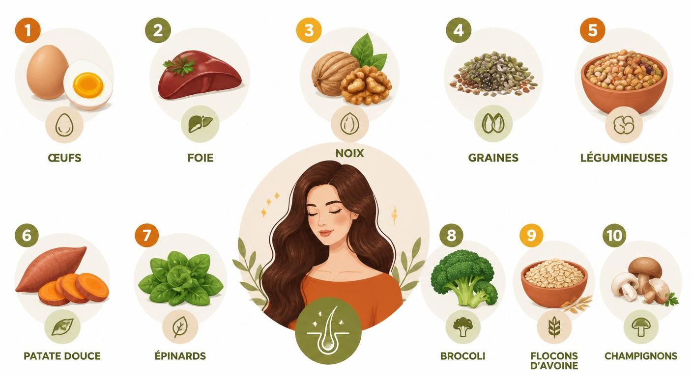 Infographie des dix aliments les plus riches en biotine pour les cheveux.
