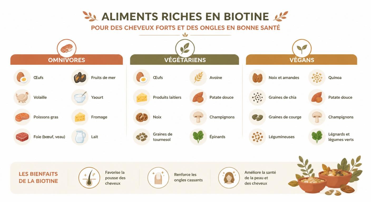 Infographie présentant les aliments riches en biotine selon le type d'alimentation.