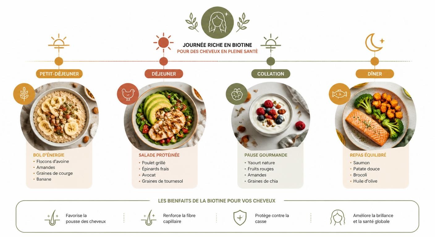 Infographie d'une journée de repas riches en biotine pour des cheveux forts.