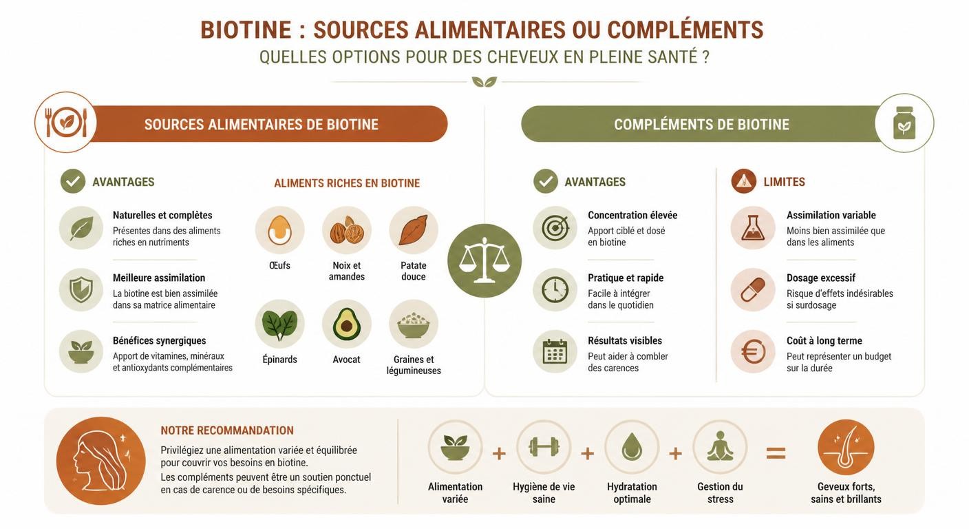 Infographie comparant la biotine alimentaire et les compléments pour les cheveux.