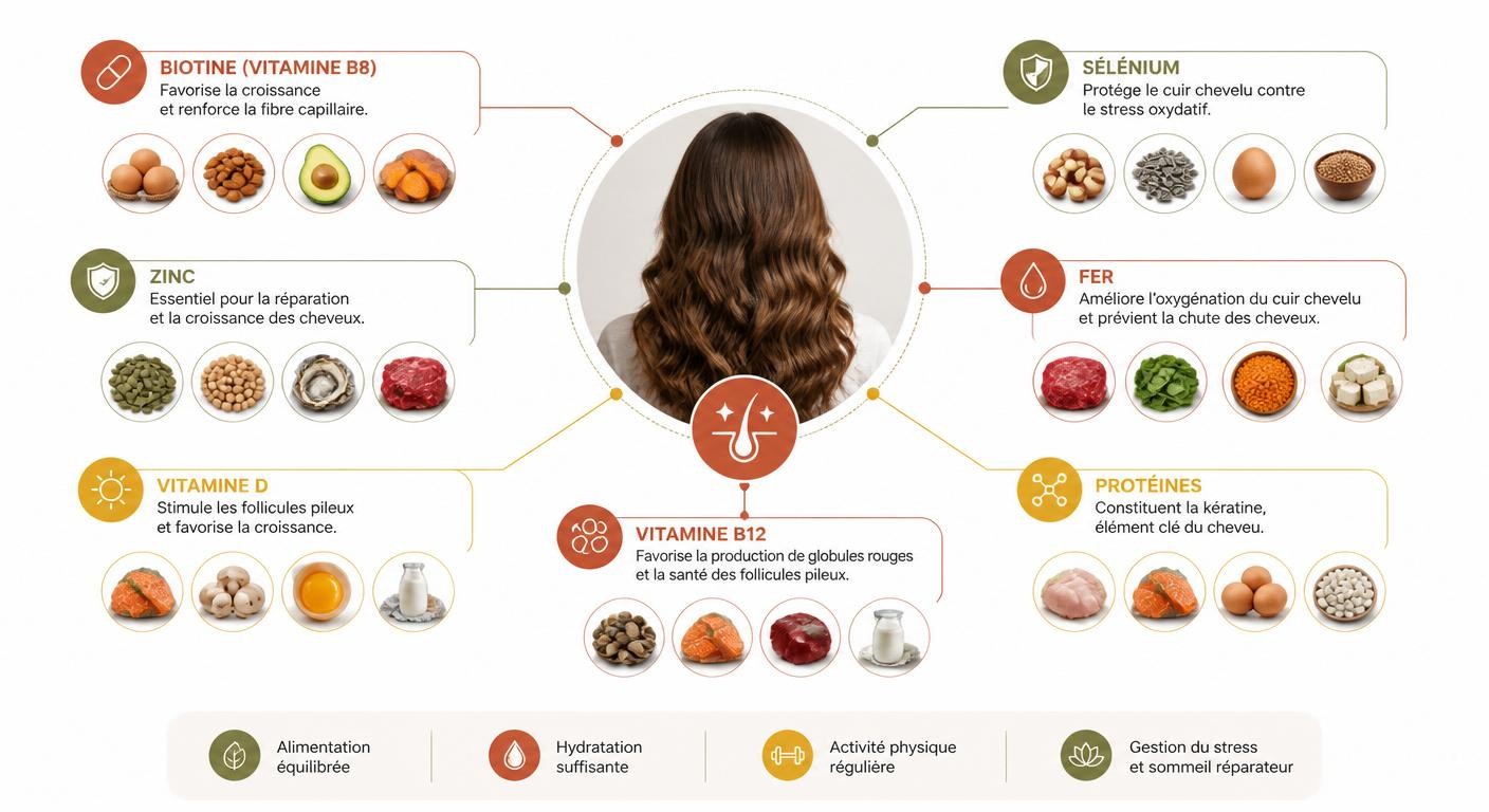 Infographie des principaux nutriments impliqués dans la santé des cheveux.