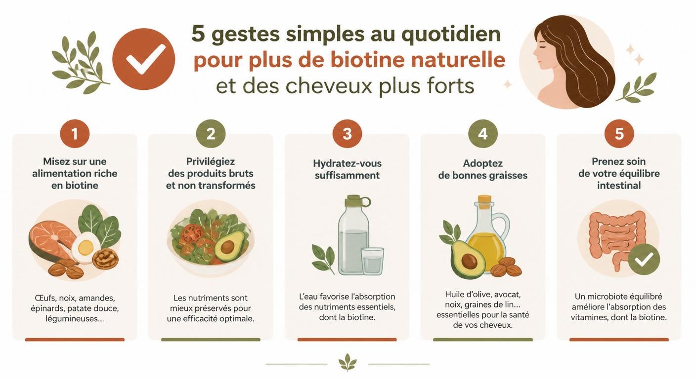 Infographie présentant cinq gestes simples pour augmenter ses apports en biotine naturelle.