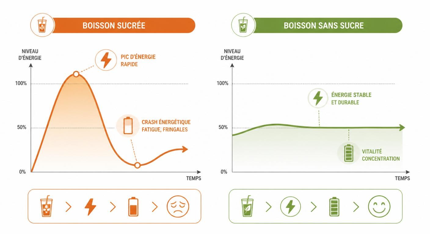 Infographie comparant la courbe d'énergie avec et sans sucre