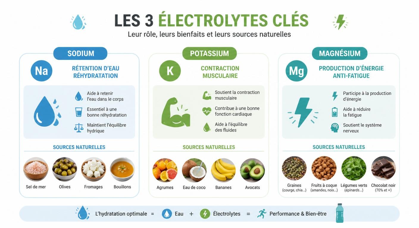 Infographie sur le rôle des électrolytes sodium potassium magnésium dans l'hydratation