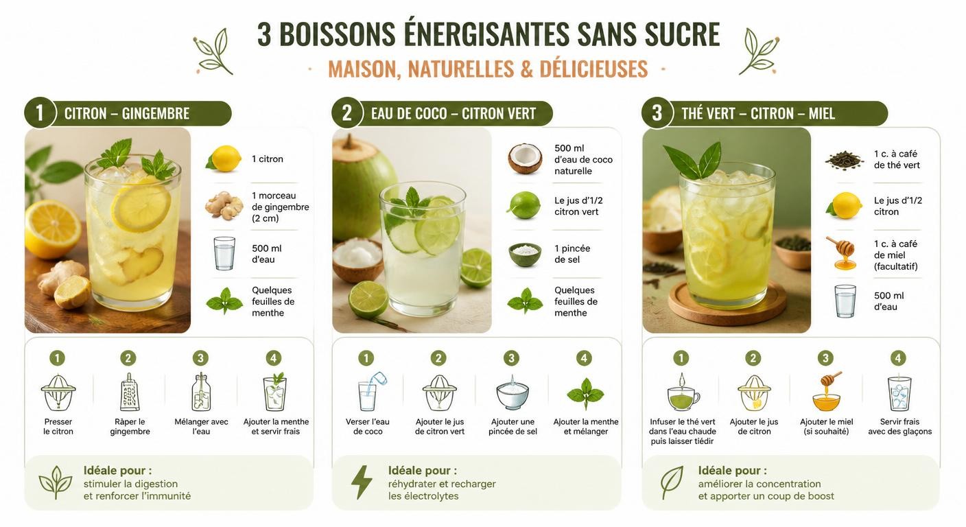 Infographie de trois recettes de boisson énergisante maison sans sucre