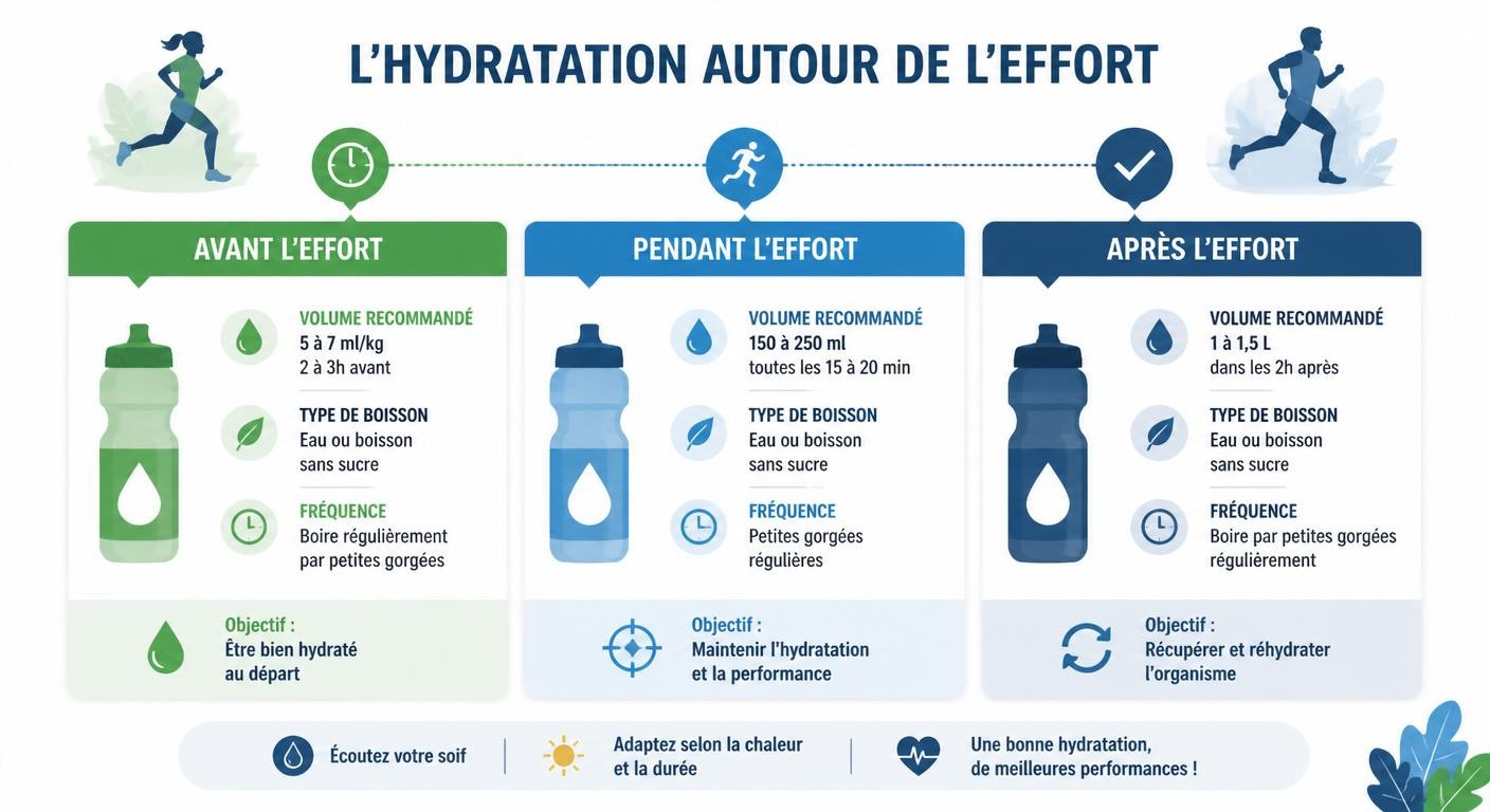 Infographie du timing de boisson avant, pendant et après le sport
