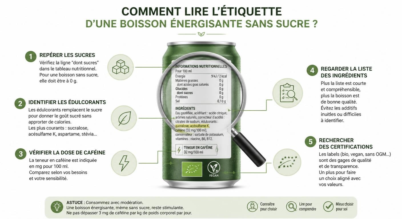 Infographie pour bien lire l'étiquette d'une boisson énergisante sans sucre