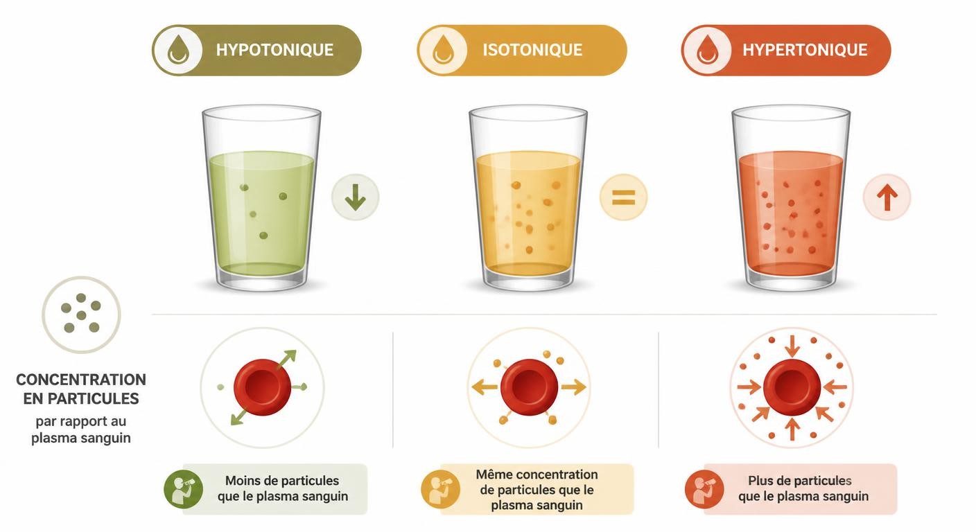Comparaison visuelle des boissons hypotonique, isotonique et hypertonique par rapport au plasma sanguin