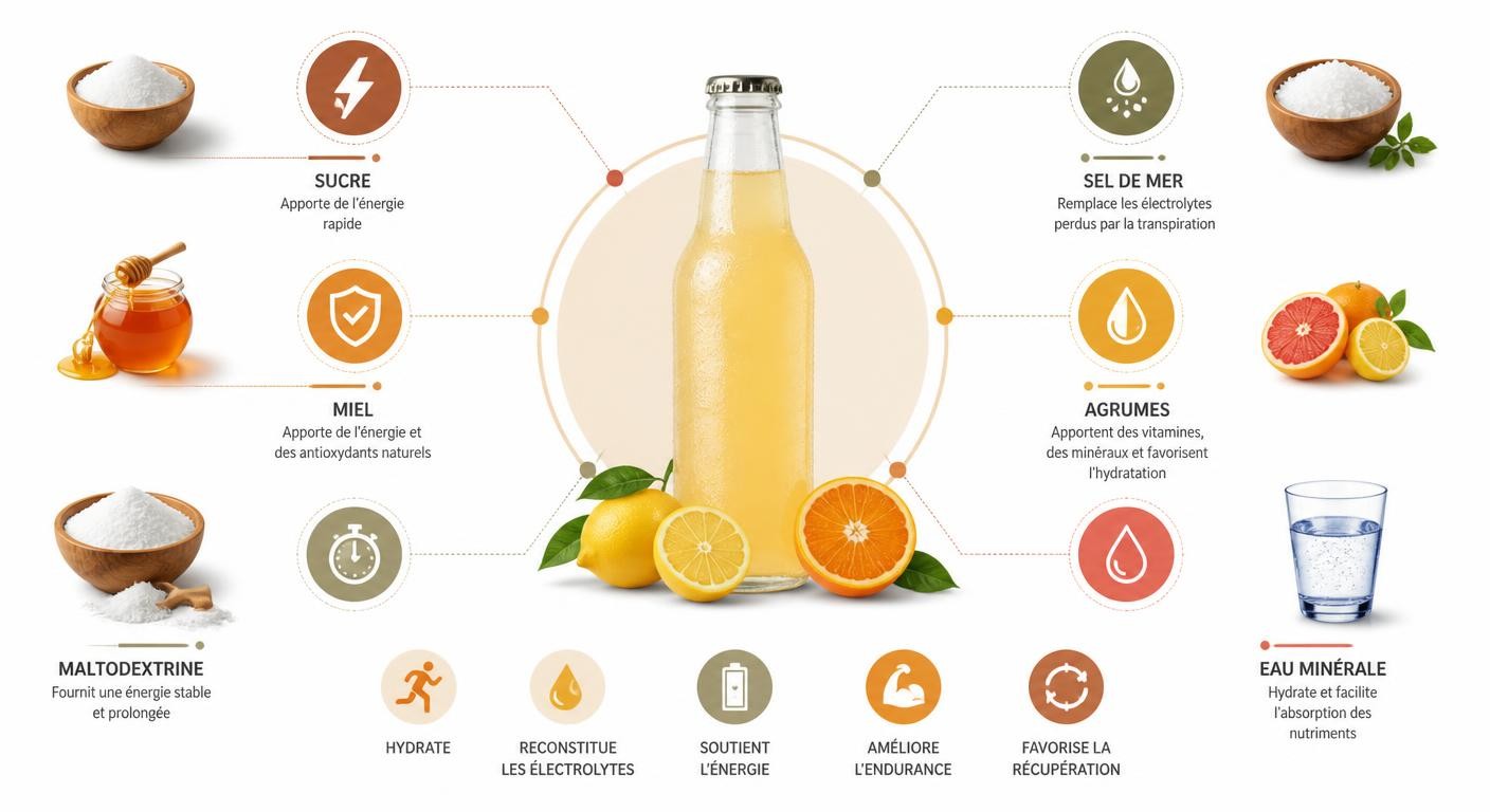 Infographie des ingrédients d'une boisson isotonique maison et de leur rôle