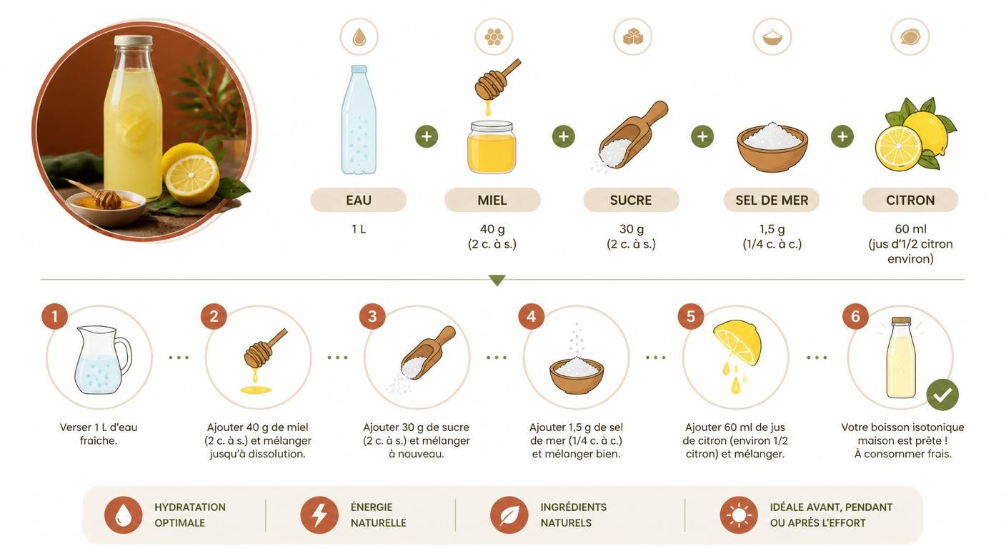 Infographie de la recette de boisson isotonique maison miel-citron avec dosages par litre