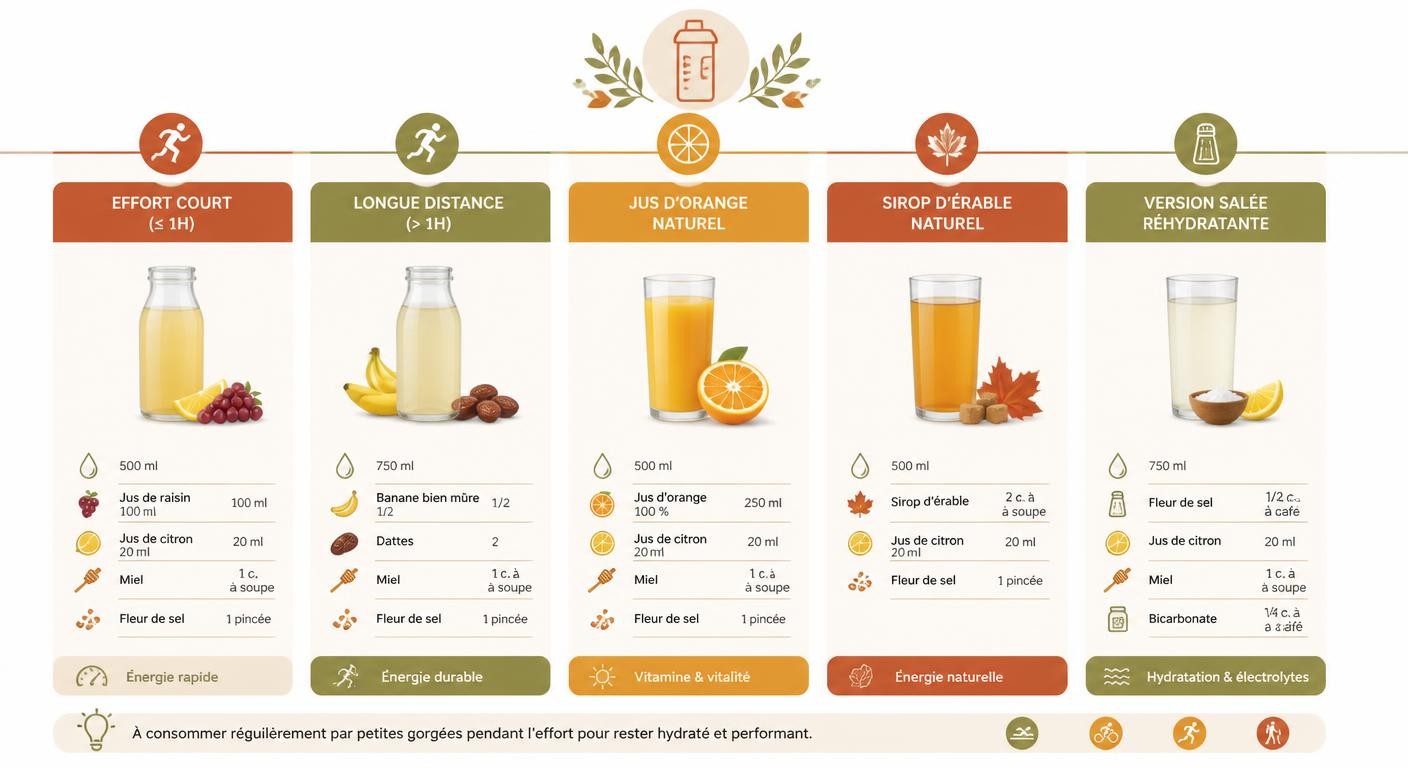 Infographie des cinq recettes de boisson énergétique maison selon le type d'effort