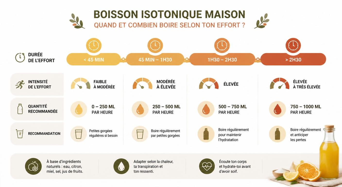Infographie du plan d'hydratation avec boisson isotonique maison selon la durée de l'effort