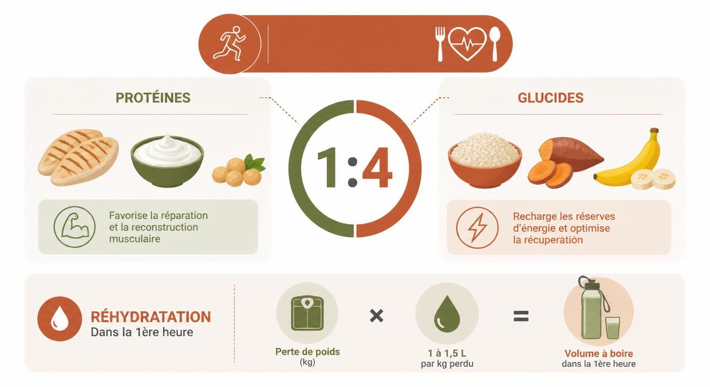 Infographie du protocole de récupération et de réhydratation après l'effort