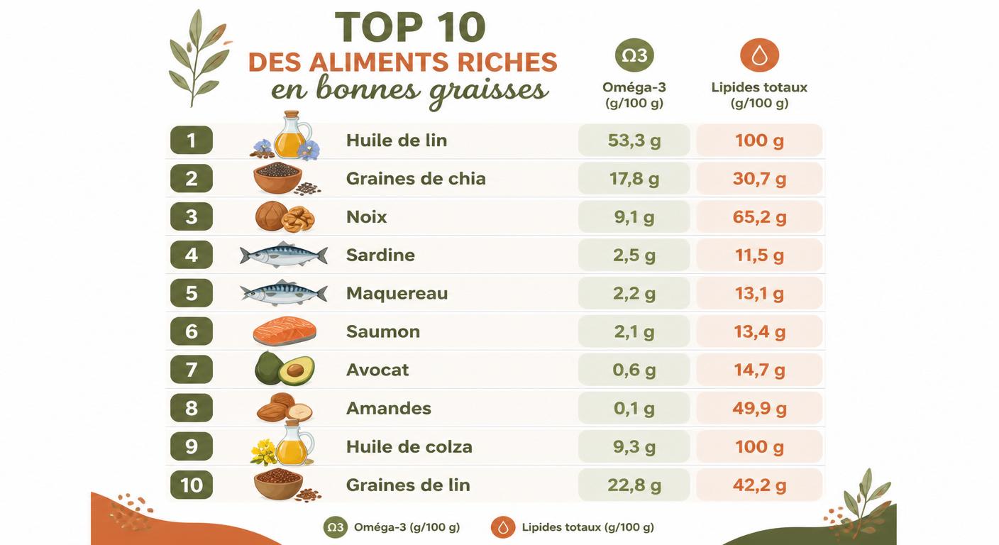 Infographie top 10 aliments riches en bonnes graisses