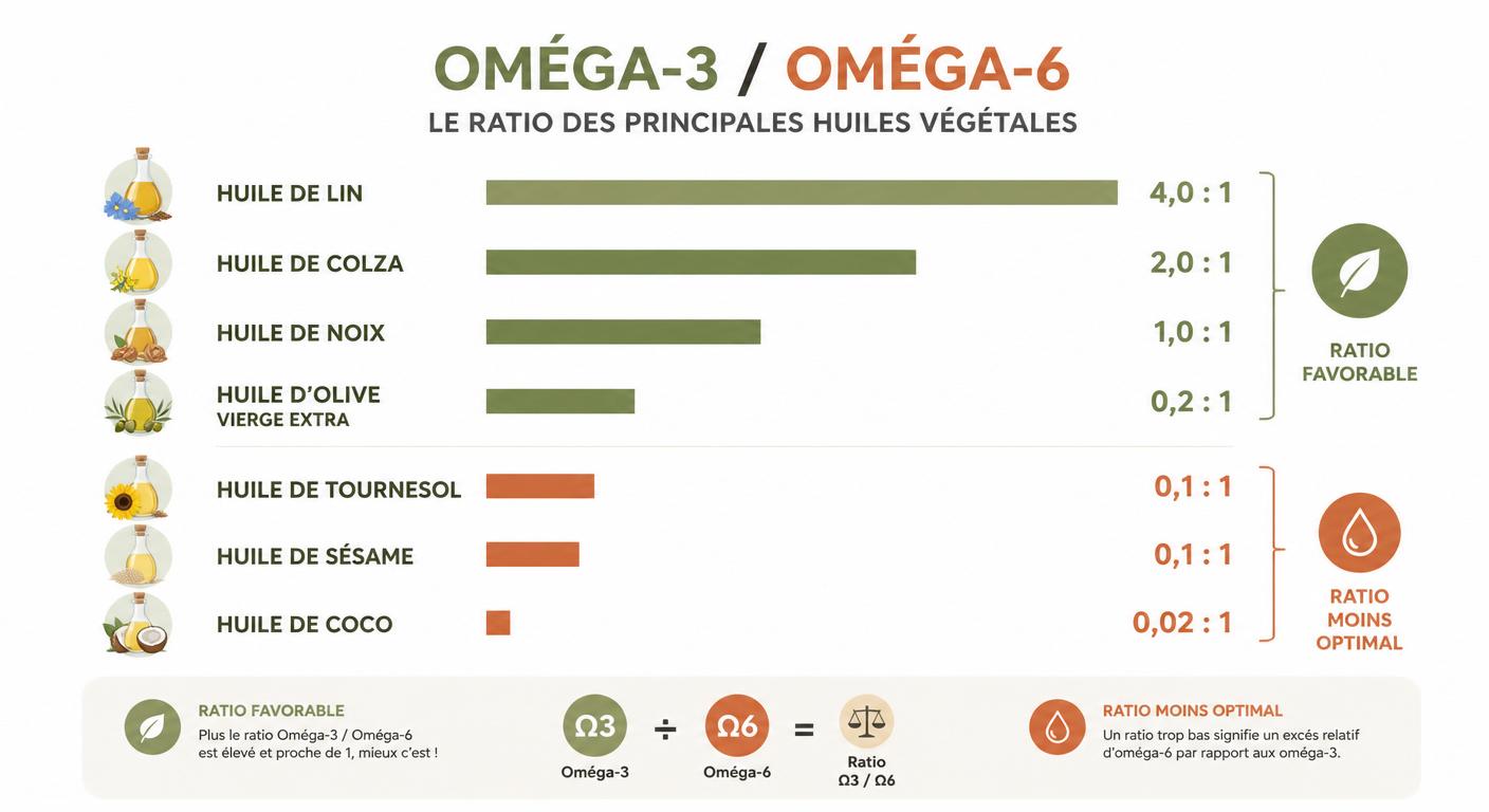 Infographie ratio oméga-3/oméga-6 des huiles végétales