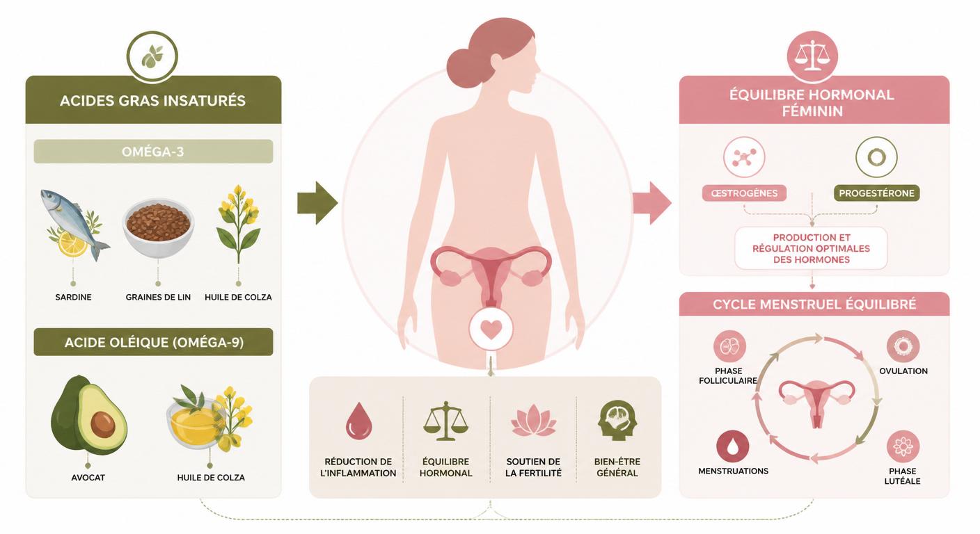 Infographie bonnes graisses et équilibre hormonal féminin