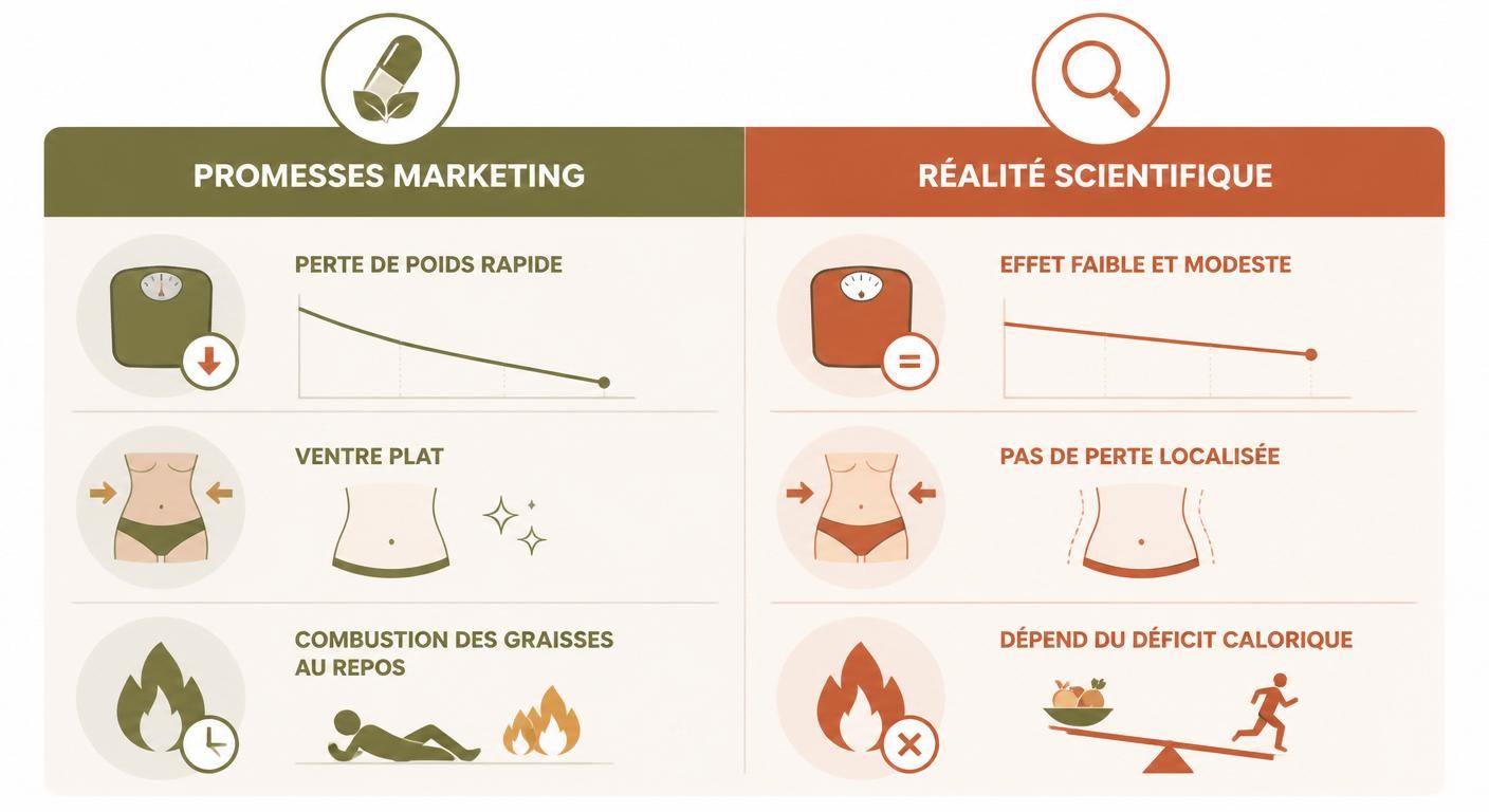 Infographie comparant les promesses marketing des brûleurs de graisse et leur efficacité réelle.