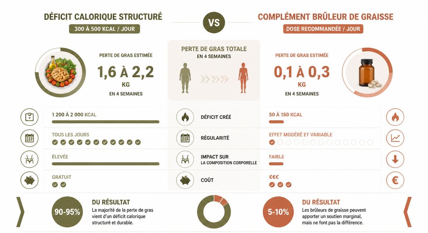Infographie comparant l'impact du déficit calorique et d'un complément sur quatre semaines.