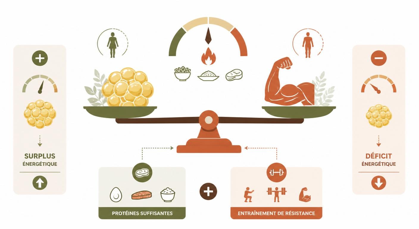 Infographie illustrant la balance entre masse grasse et masse musculaire selon l'apport énergétique.