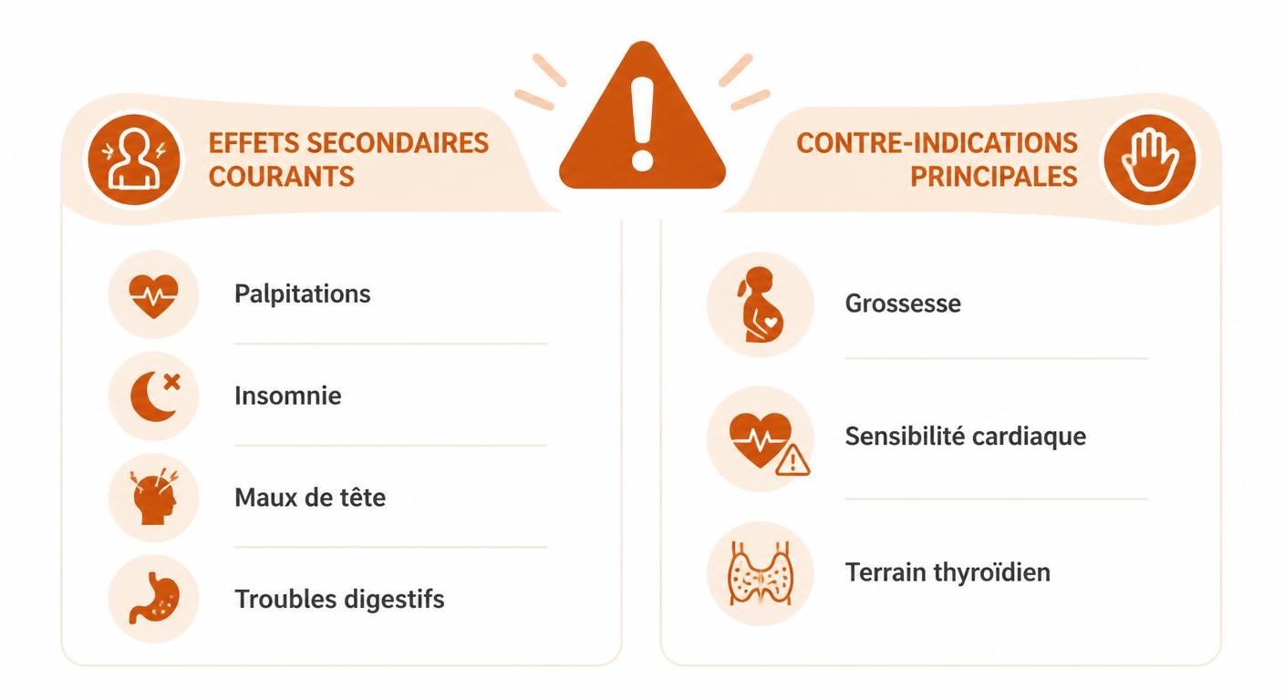 Infographie listant les principaux effets secondaires et contre-indications des brûleurs de graisse.