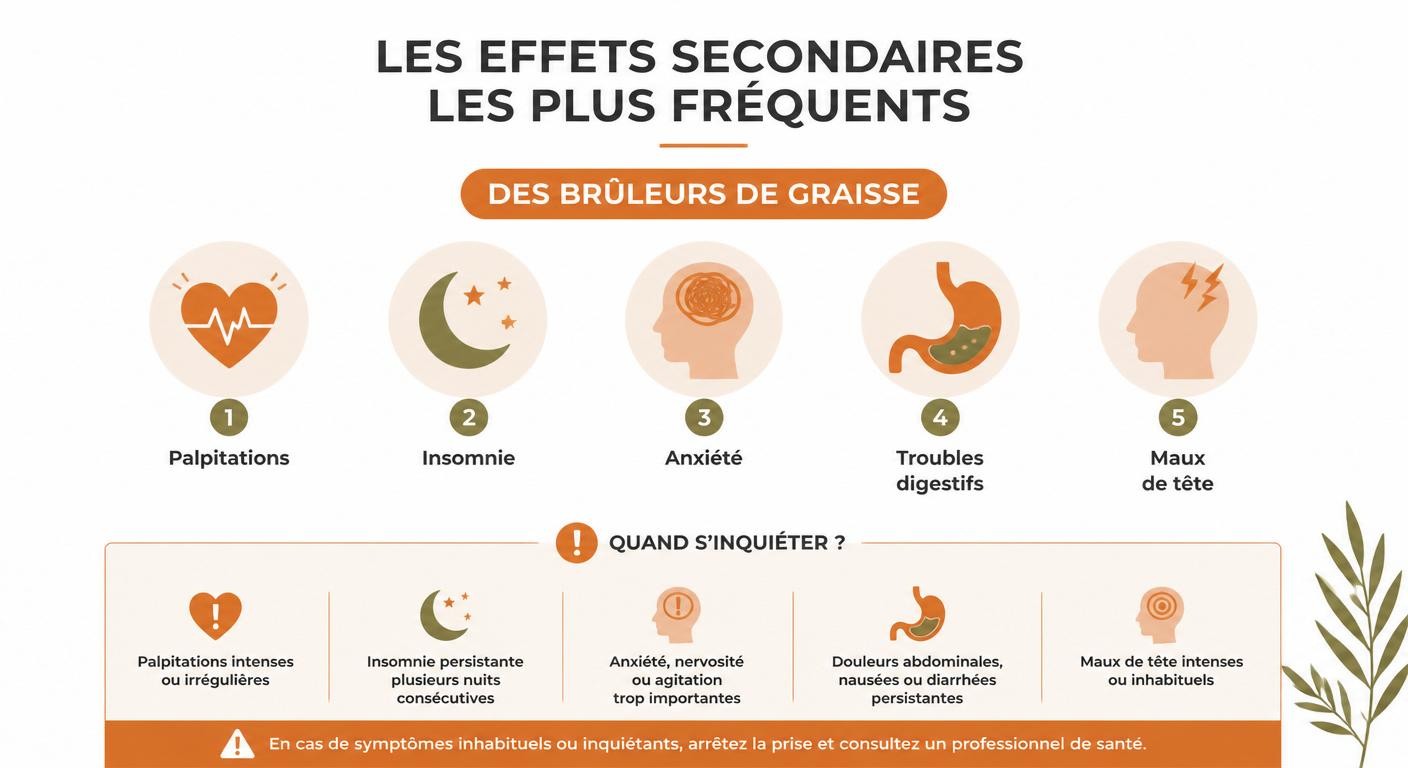 Infographie en liste visuelle des effets secondaires les plus fréquents des brûleurs de graisse.
