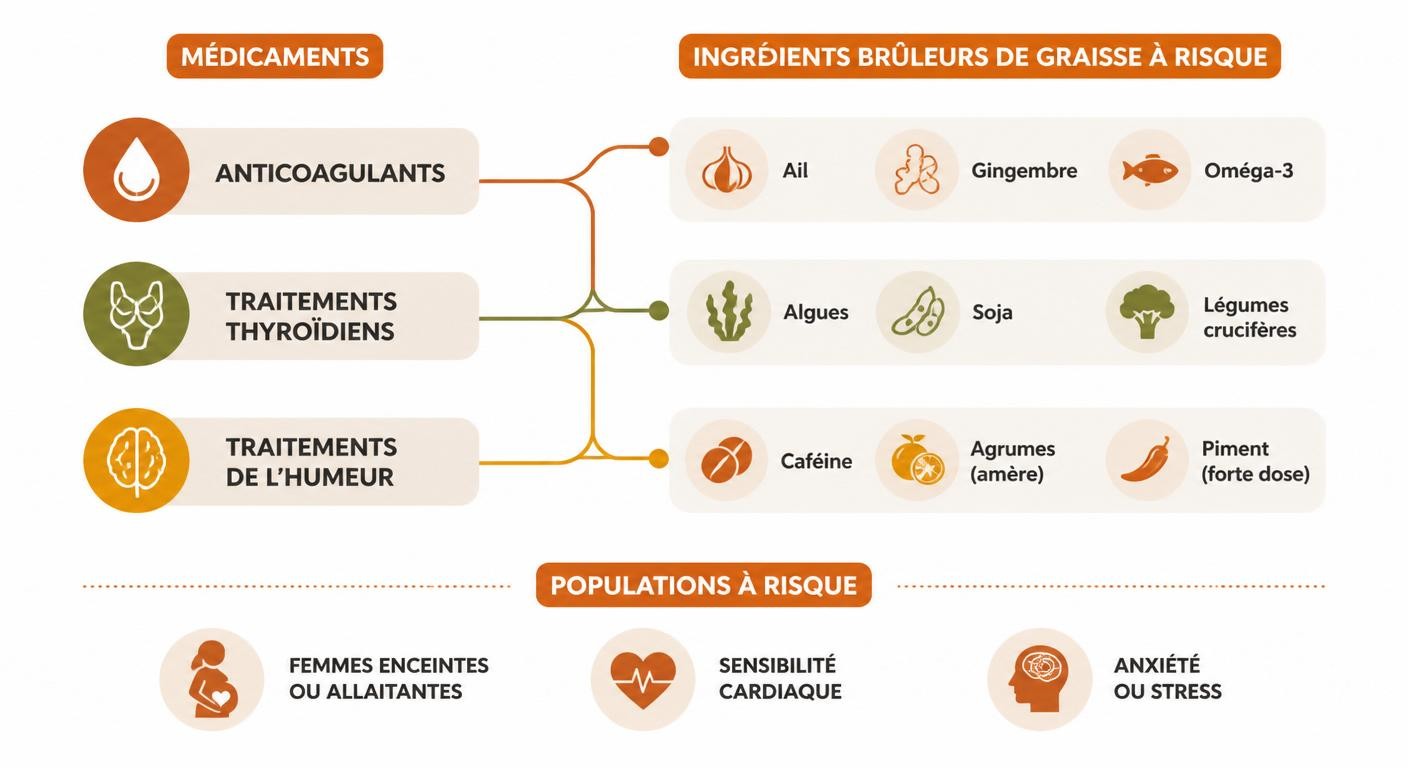 Infographie reliant types de médicaments, familles d'ingrédients à risque et populations à risque.