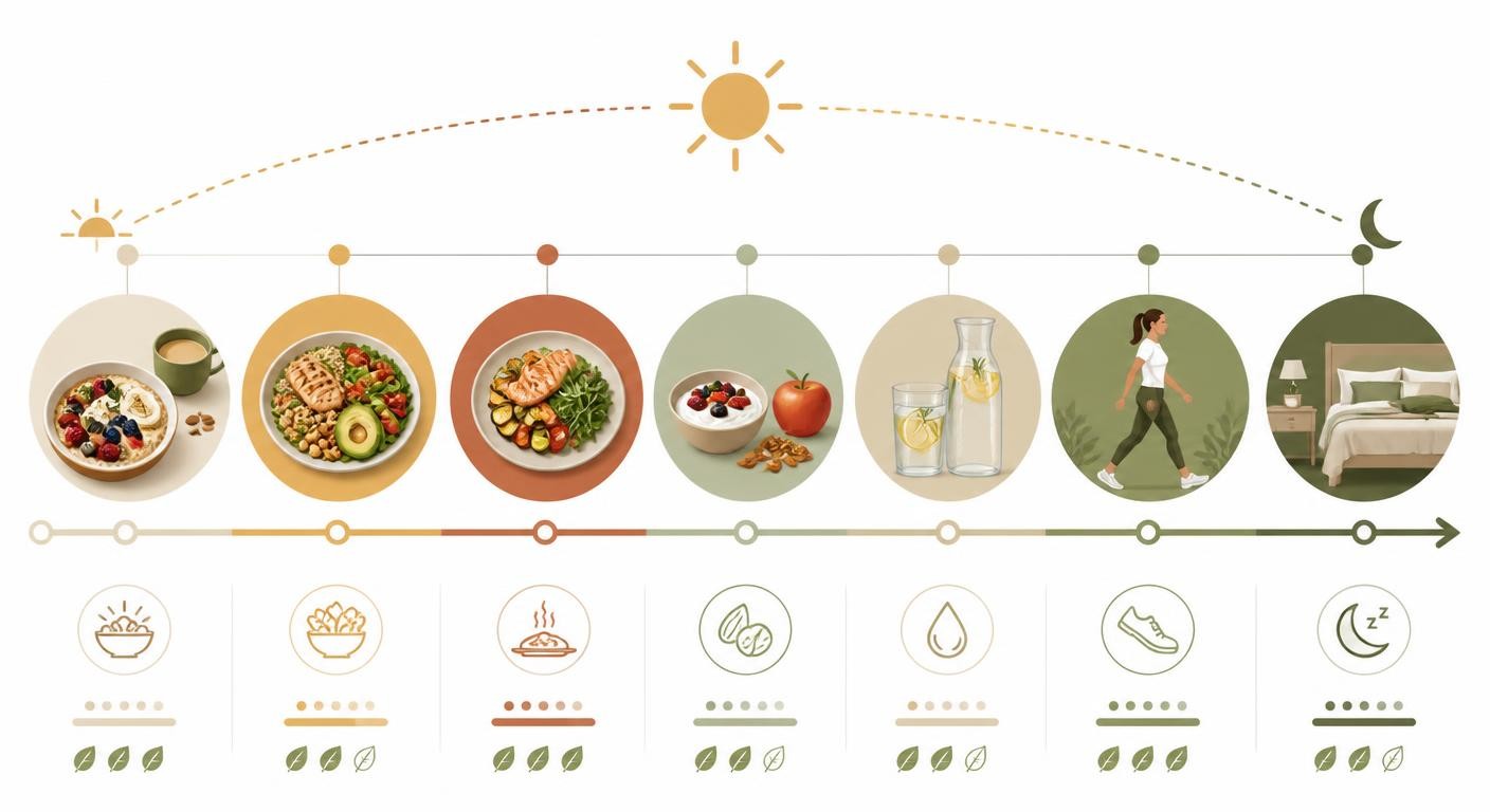 Infographie présentant une journée type pour brûler les graisses naturellement sans complément.