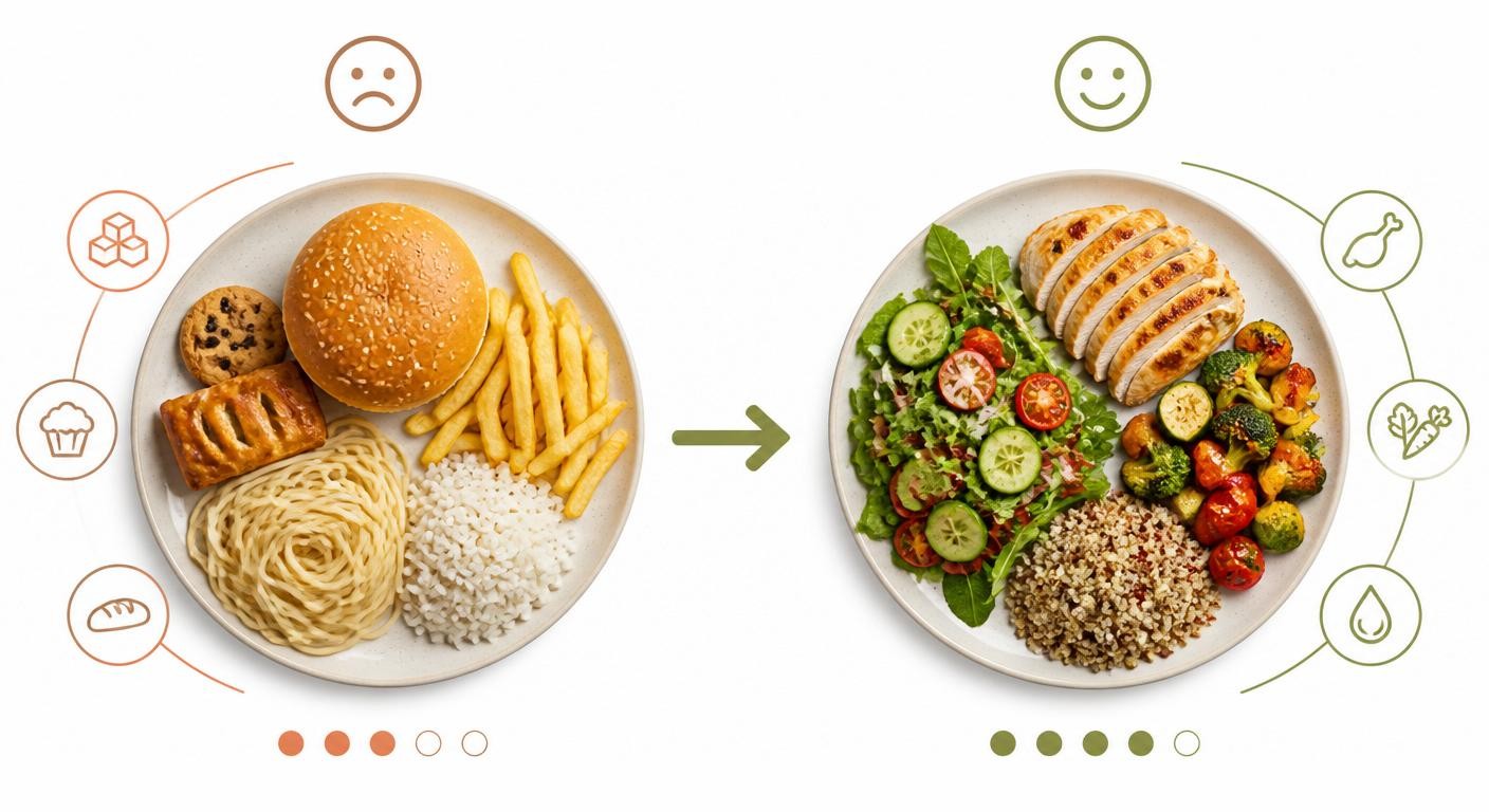 Infographie avant/après montrant une assiette rééquilibrée pour créer un déficit sans se priver.