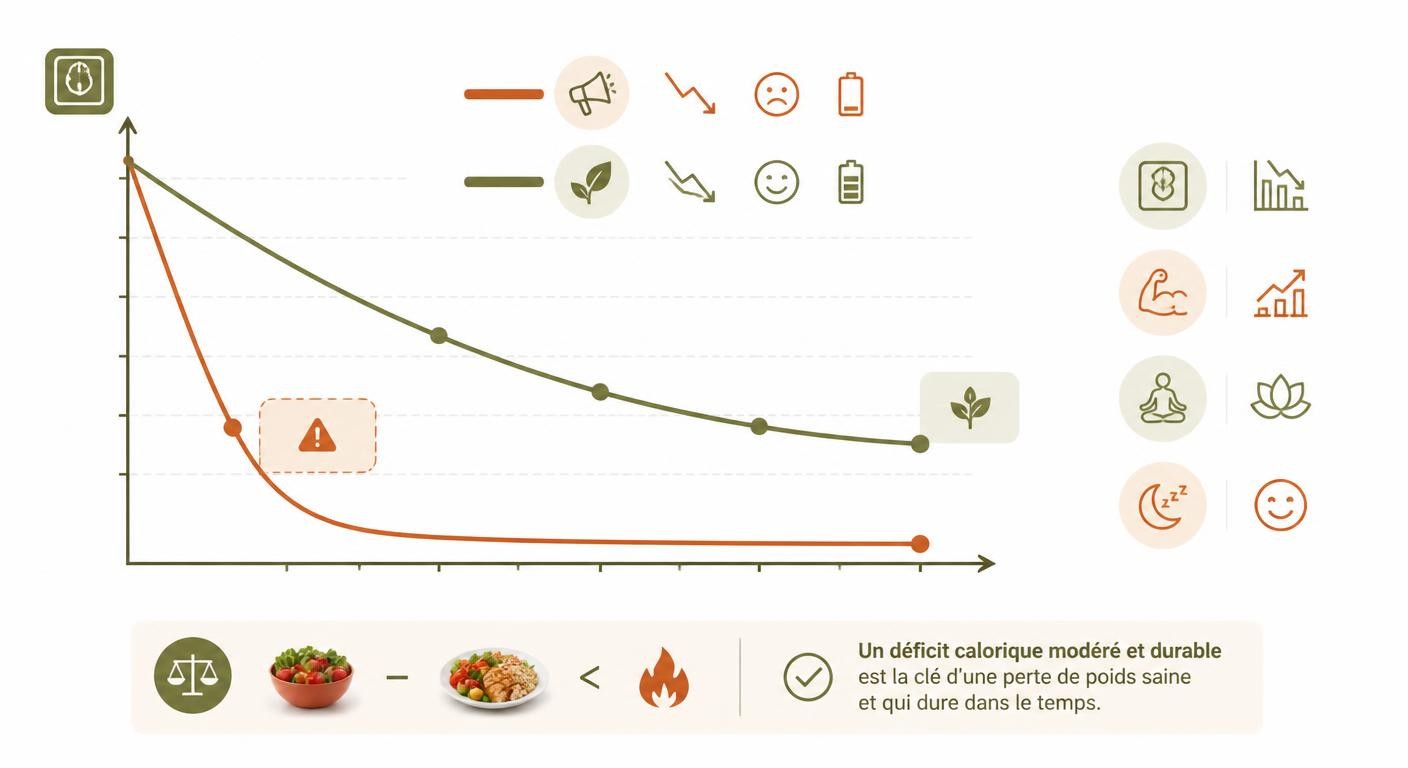 Infographie comparant la perte de poids promise par le marketing et une perte de poids réaliste.