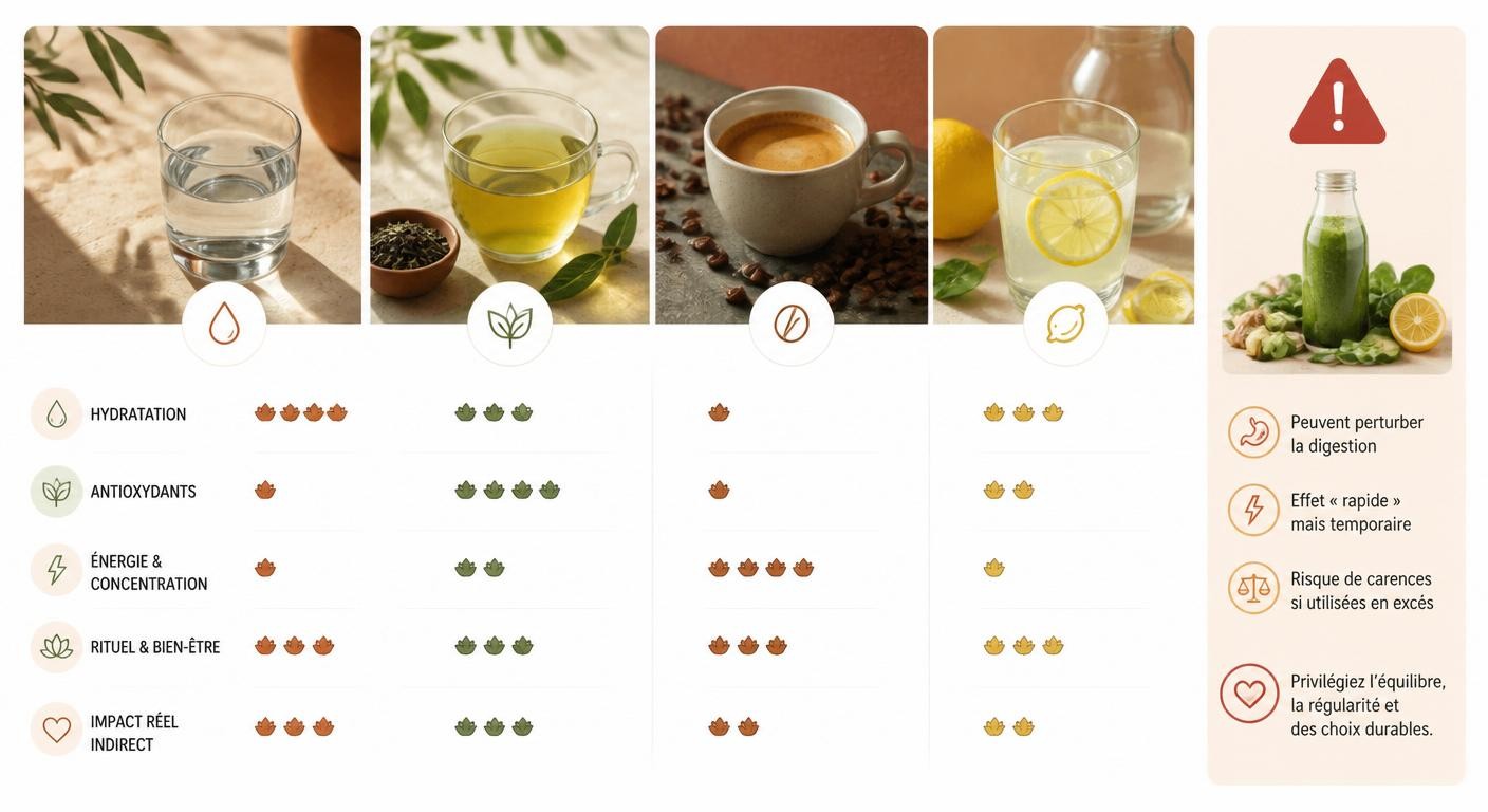 Infographie comparant différentes boissons matinales et leur intérêt réel pour la perte de gras.